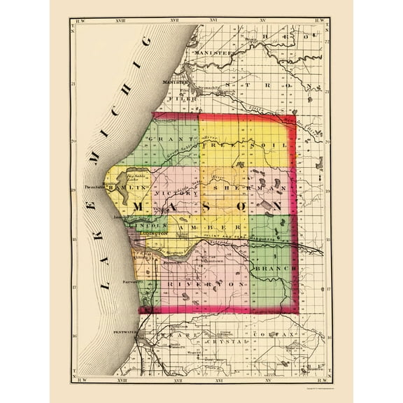 Historic County Map - Mason County Michigan - Walling 1873 - Vintage Wall Art