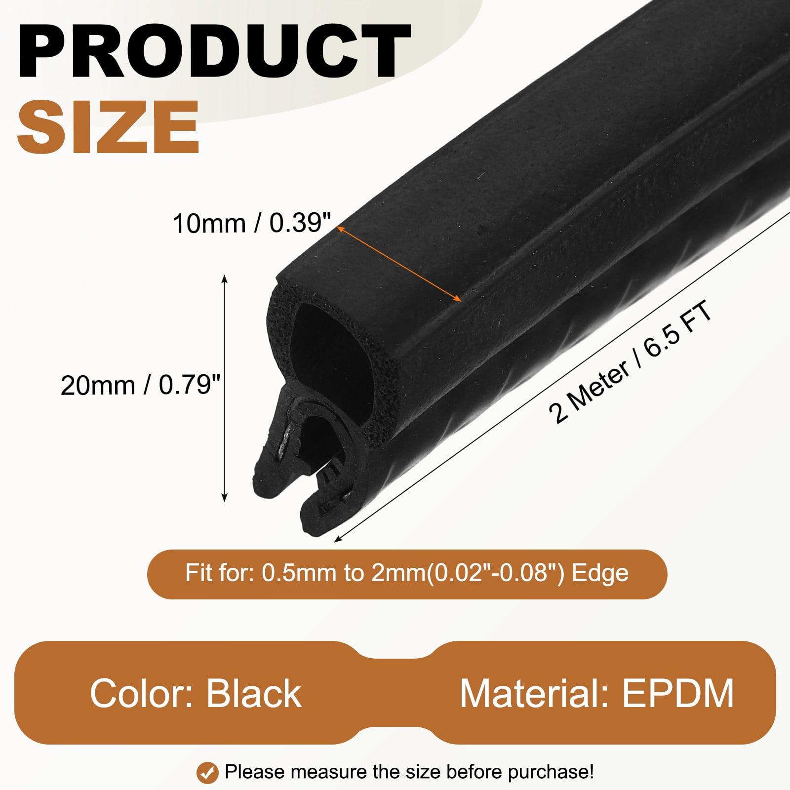 Door Weather Stripping 6.5FT, 10mm W x 20mm H EPDM Car Door Rubber Edge Trim Seal Strip Gasket with Top Bulb Fit 0.5mm to 2mm Edge for Electrical Cabinet Cars Boat RVs Truck, Black
