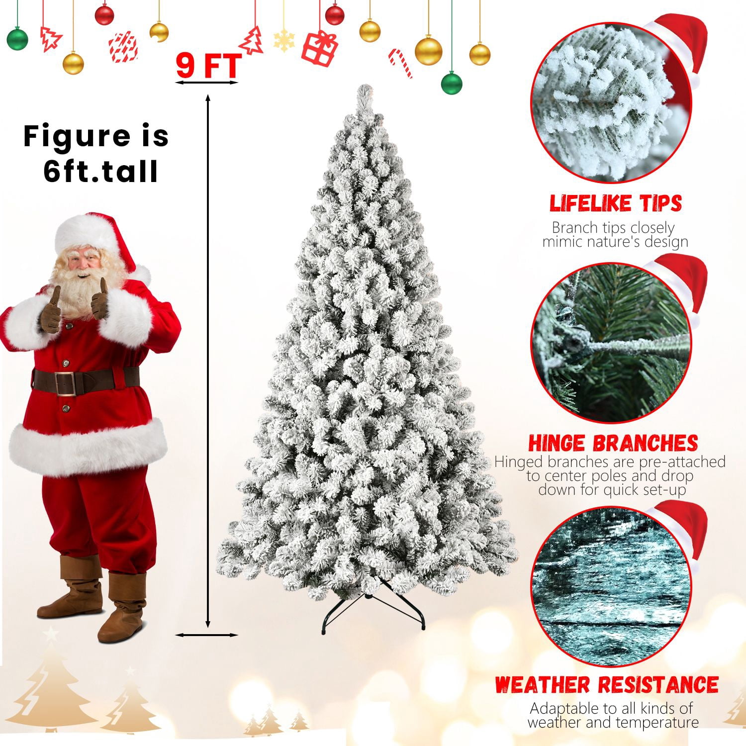 9FT Pre-Lit Flocked Christmas Tree, Hinged Artificial Xmas Tree/PVC Branches, 650 Lights