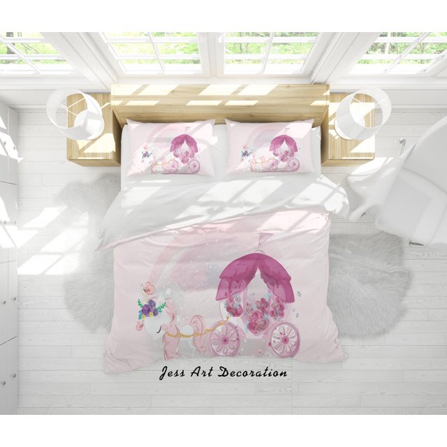 3D Cartoon Carruaje Rosa Funda de edredón Juego de ropa de cama Funda nórdica Fundas de almohada