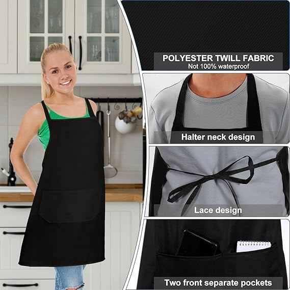 12 Pack Bib Apron,Unisex Black Plain Aprons,Aprons Bulk with 2 Pockets,Bib Aprons with Long Ties, 23 x 28 Inch