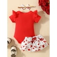 thumbnail image 3 of Infant Baby Girls 3PCS Shorts Sets Red Short Sleeve Ruffle Romper Heart Print Headband Sets, 3 of 8