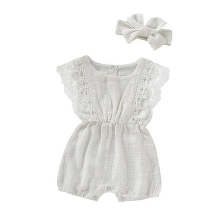 

Summer Newborn Baby Girls Lace Sleveless Romper+Headband Princess Outfits