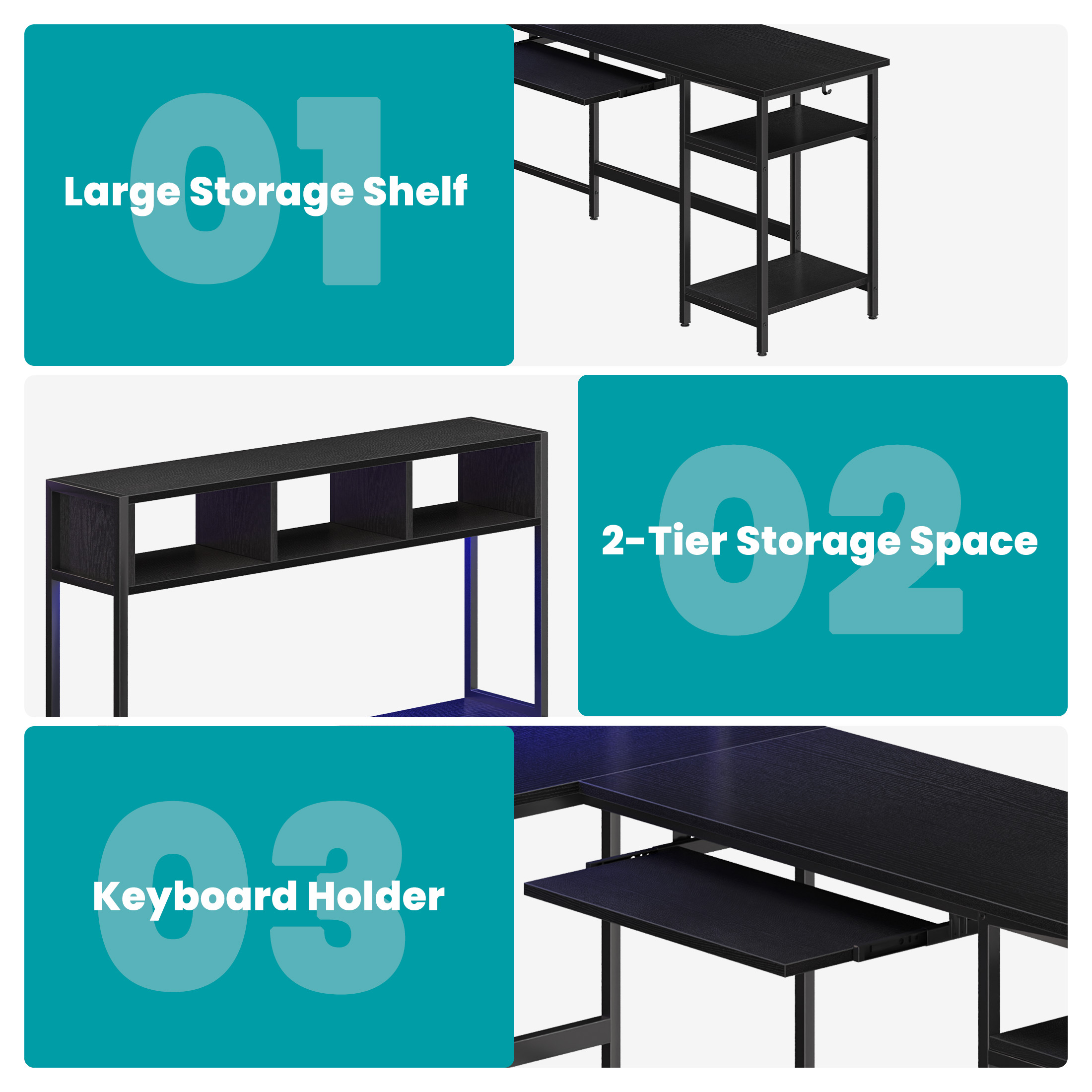 CONCETTA 67" Modern L-Shaped Gaming Desk with LED Lights and Power Outlets, Computer Desk with Drawer, Keyboard Tray for Monitors, Black