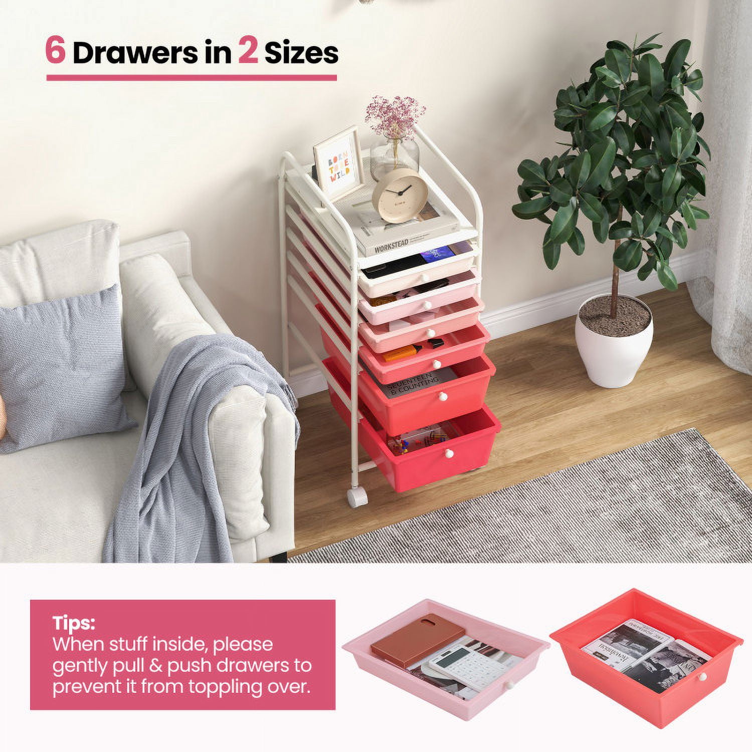 Resenkos Filing Cabinet Office Drawers, Office Storage Cabinet,6 Drawers Rolling Storage Cart Organizer-Pink