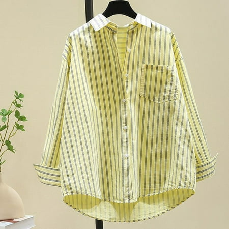 

KDJ Women Loose Long Sleeve Stripe Print Shirt Fashion Holiday Elegant Office Blouse
