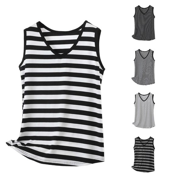 WAYUTE Womens Tank Tops Striped Print V Neck Sleeveless Soft Breathable Camisole Layering Loose Fit Summer Daily Wear,Black,L