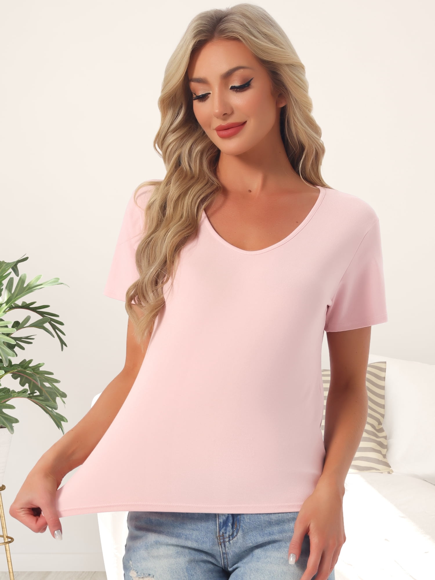 DARING DIVA Women's Short Sleeve V Neck Casual Tee 3XL Pink