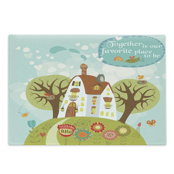 Nursery Cutting Board, Cartoon House and Nature with Together is Our Place to Be Typography Print, Decorative Tempered Glass Cutting and Serving Board, in 3 Sizes, by Ambesonne