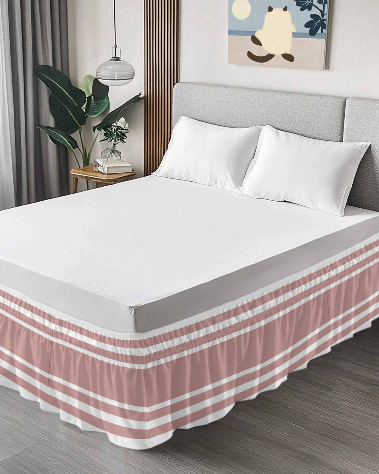 Pink Geometric Bed Skirt Queen Size 18 Inch Drop, Stripes Adjustable Elastic Dust Ruffles Bedskirt for Queen Bed Wrap Around Pleated Mattress Frame Cover