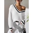 thumbnail image 3 of Women Teen Baggy Fashion Striped Long Sleeve Knit Tops Fall Winter Vneck Pullover Preppy Clothes White S, 3 of 6