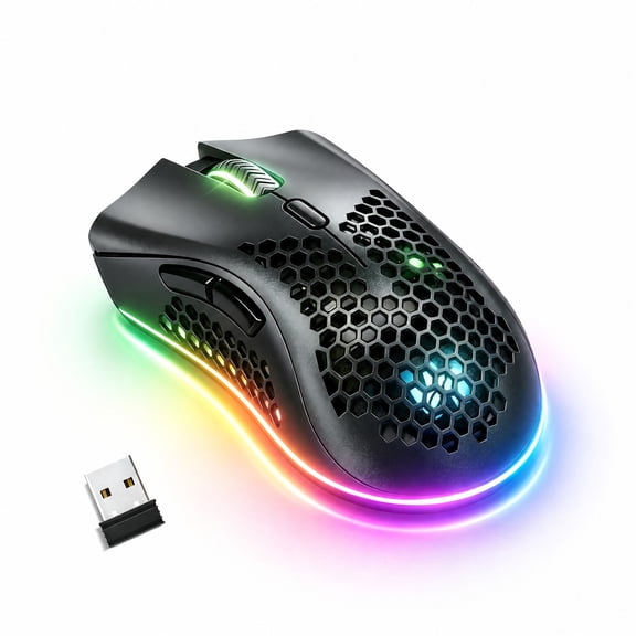 BENGOO Honeycomb Wireless Gaming Mouse, Rechargeable Optical with USB Receiver, RGB Light, 3‑Level DPI for Laptop Desktop PC Mac, Black