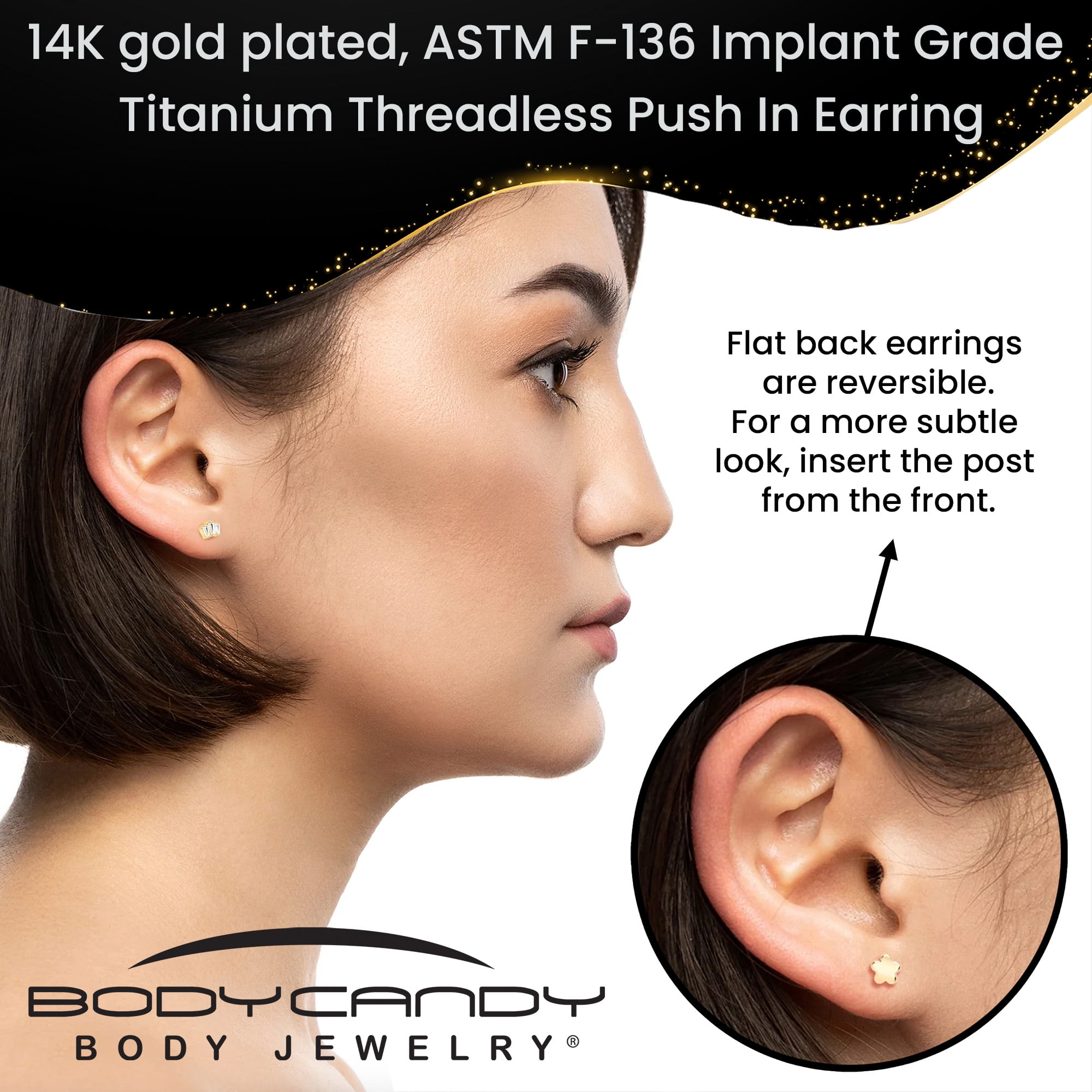 Body Candy Flat Back Cartilage Earring - 18 Gauge 1/4 Gold Plated ASTM Implant Titanium Heart Threadless Reversible Stud Earring for Cartilage, Conch, Helix, Labret, Tragus, Monroe