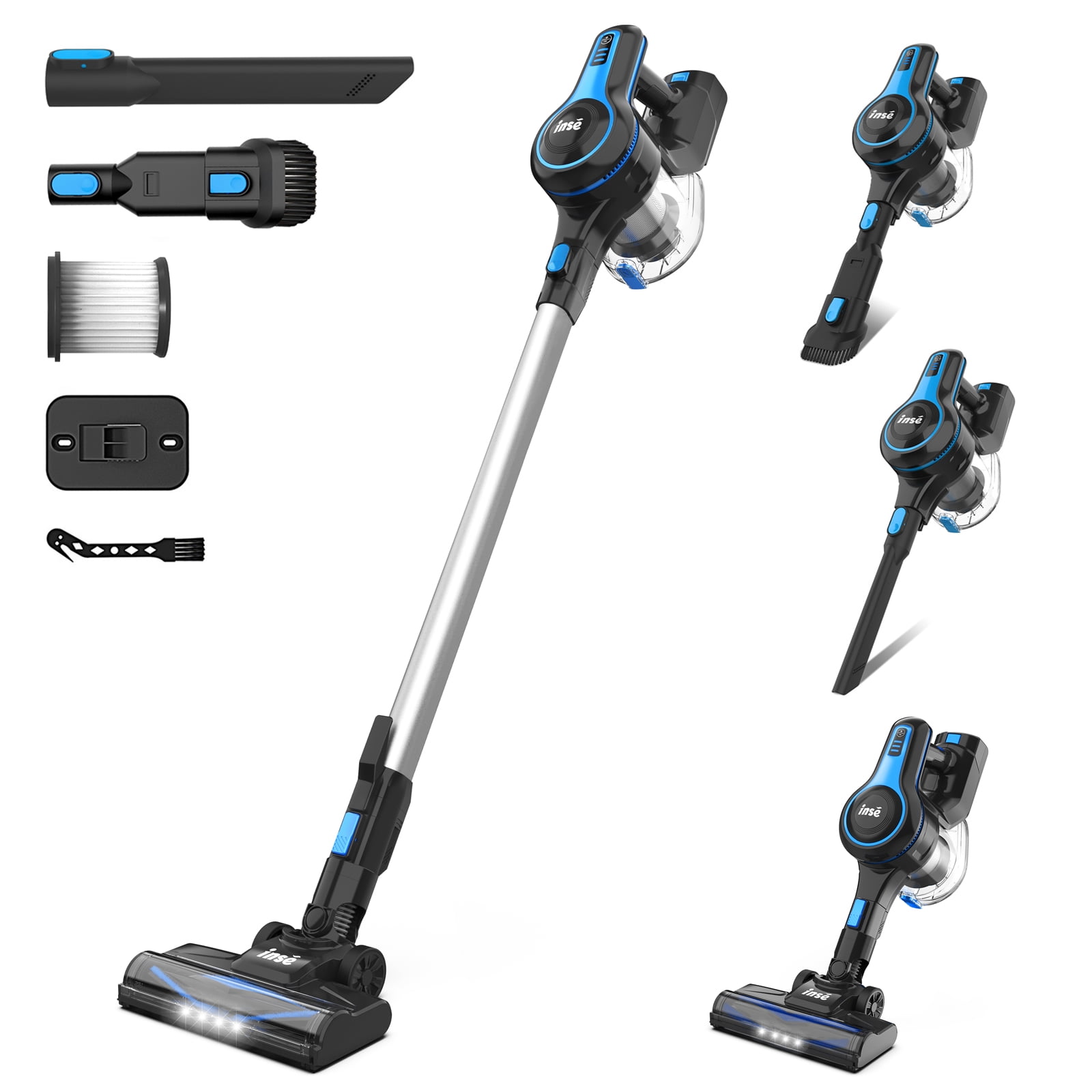 INSE Cordless Vacuum Cleaner, 6-in-1 Rechargeable Stick Vacuum with 2200 mAh Battery, 25kPa Powerful Lightweight Vacuum Cleaner up to 45 Mins Runtime, for Home Hard Floor Carpet Pet Hair, Blue