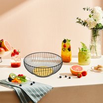 OEFNTAC Rattan and Iron Fruit Basket with Handle 8 Inch Storage Bin for Kitchen Countertop Organization