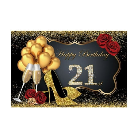 Image of 1PC Backdrop Happy 21st Birthday Champagne Glass High Heels Balloons Printed Photography Background Cloth