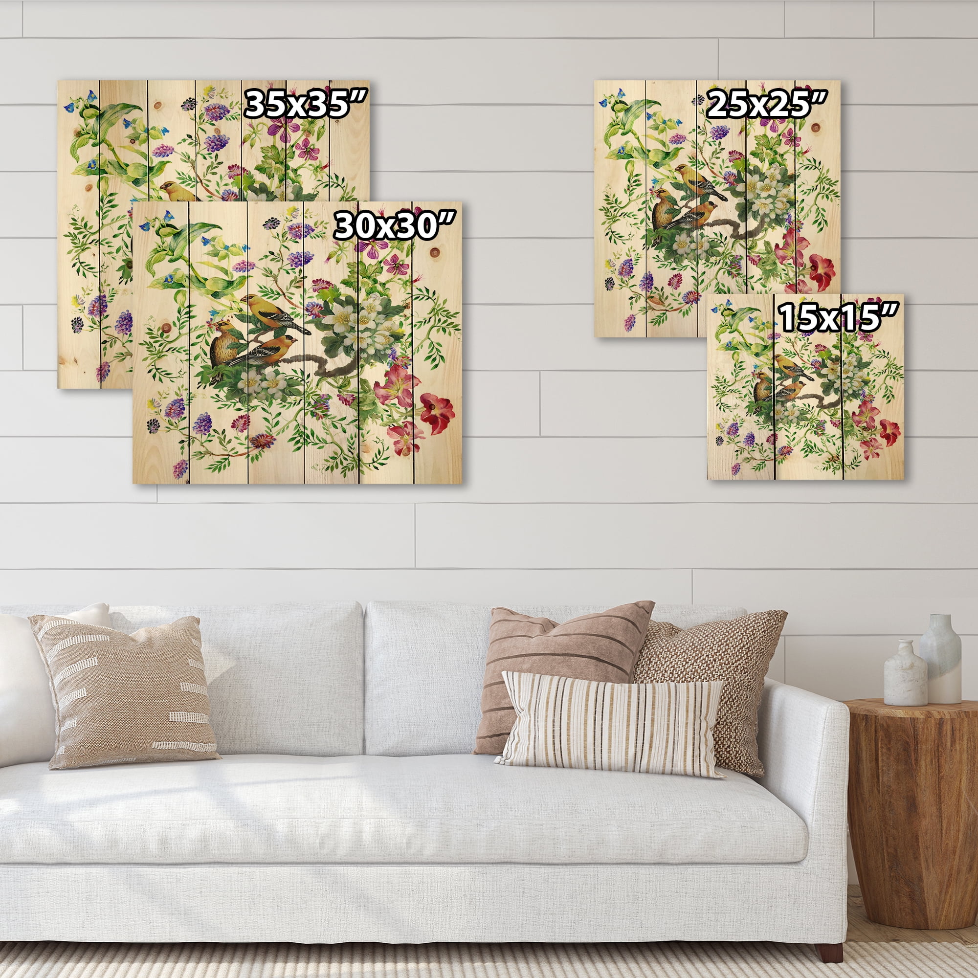Designart 'Tropical Birds Sitting On Blooming Tree' Traditional Print on Natural Pine Wood