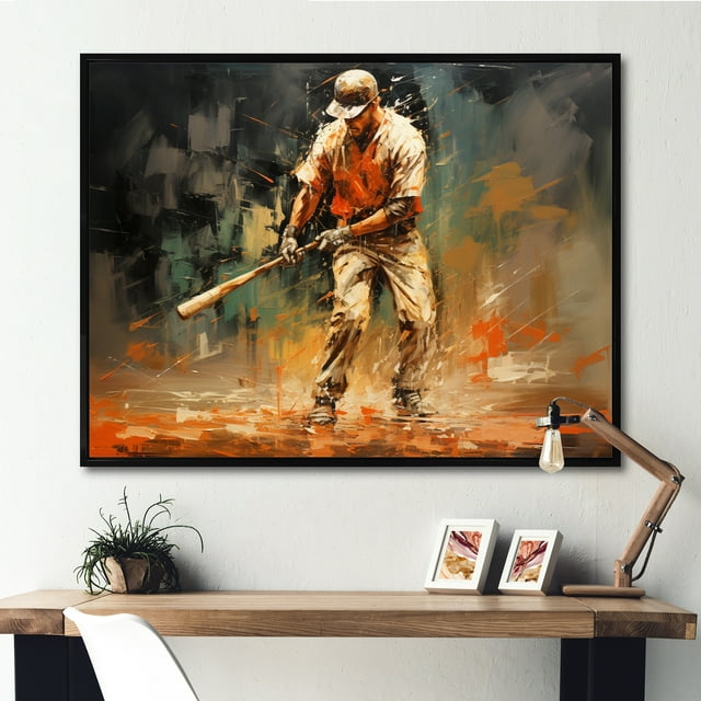 Designart Sport Baseball framed wall Art, Baseball Abstract Inlandscape , Sport Baseball Large framed wall art decor, Orange Modern black framed wall art, 40x30 inches black frame