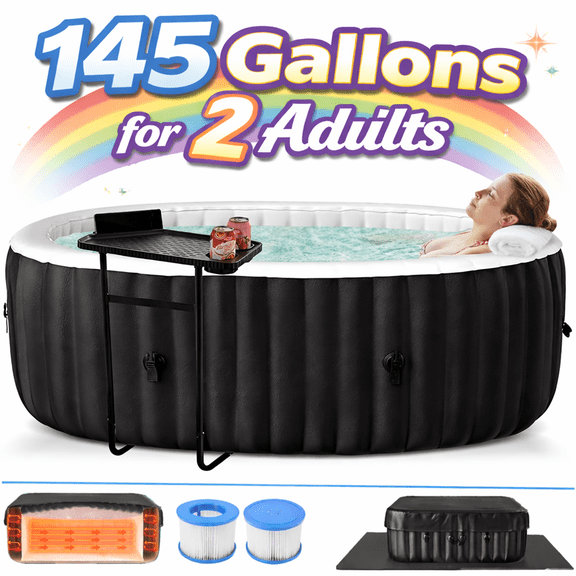 Inflatable Hot Tub 75"x47"x25", 2 Person Oval Outdoor Spa Blow Up Hottubs with 90 Bubble Jets, Blow Up Air Hot Tub with Heater Pump and Side Table, Insulated Cover, 2 Filter Cartridges