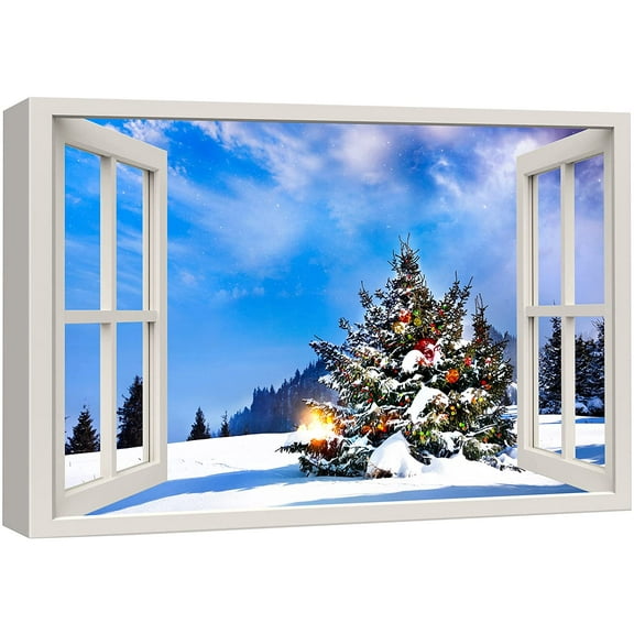 wall26 Canvas Print Wall Art Window View Christmas Tree Winter Mountain Celebrations & Holidays Nature Photography Realism Landscape Colorful Multicolor for Living Room, Bedroom, Office - 32"