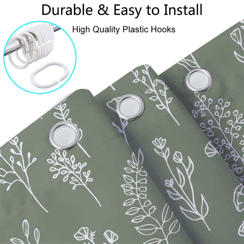 Boho Sage Green Floral Shower Curtain, Cute Spring Dark Green Flower Leaves Fabric Shower Curtains Set for Bathroom Decorative, Plant Botanical Restroom Decor Accessories with Hooks 72X72 Inch