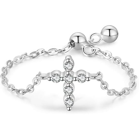 Sterling Silver Cross Ring for Women Dangle Ball Drop Link Chain Stacking Rings Promise Engagement Statement Finger Band Minimalist Jewelry