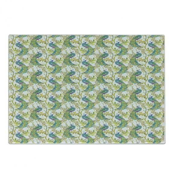 Peacock Cutting Board, Watercolor Pattern with Abstract Vivid Exotic Long Tailed Birds on Branches, Decorative Tempered Glass Cutting and Serving Board, in 3 Sizes, by Ambesonne