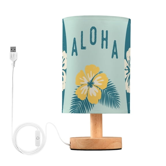 Blue Surfboards and Yellow Hibiscus Flowers Bedside Table Lamp LED Warm Lights with USB Charging Port Retro Cylinder Desk Lamps