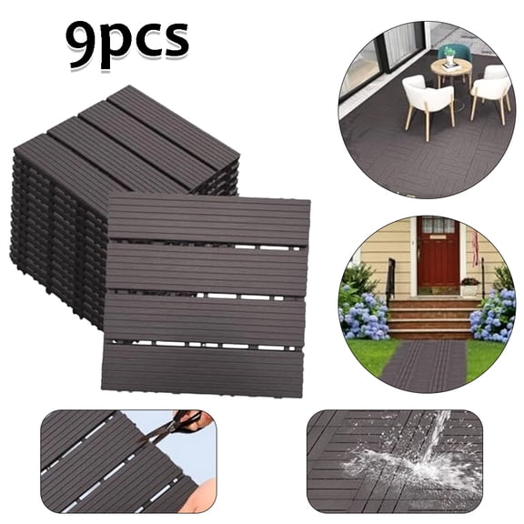 9pcs Interlocking Plastic Patio Deck Tiles 12in x 12in, Waterproof Anti Slip Outdoor Flooring Tiles, Quick Snap Patio Pavers for Poolside Balcony Garden Sunroom Floor Tile, Coffee