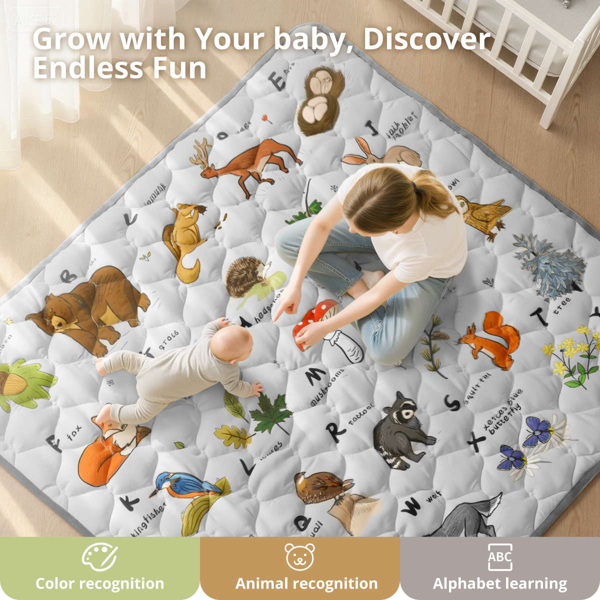 Caveen Baby Play Mat, Foldable Soft Padded, 50" x 50", Gray photo 3