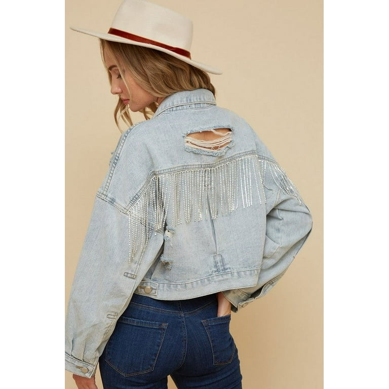Carley Rhinestone Fringe Denim Jacket in Light Wash | Size Large | 100% Cotton | American Threads