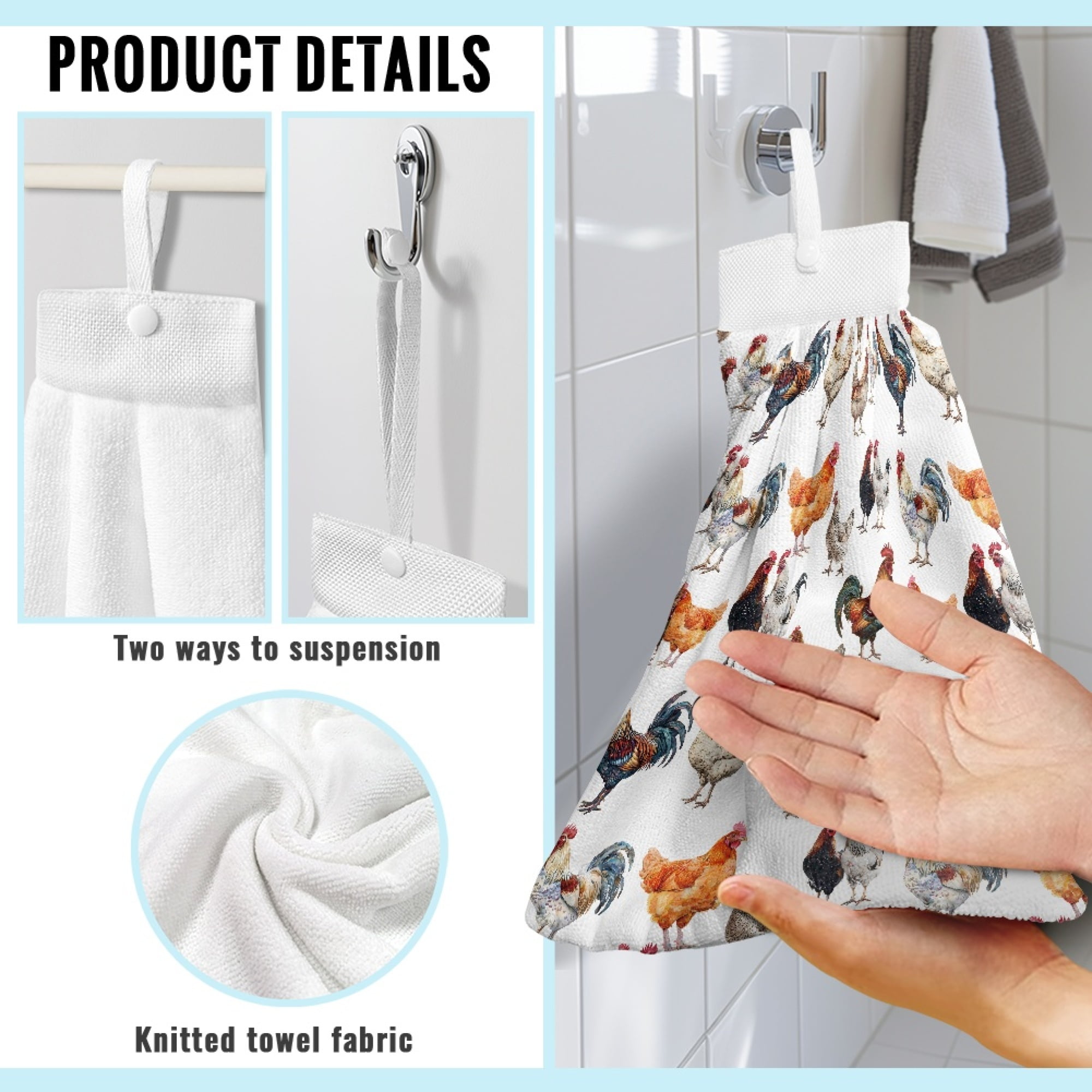 SEANATIVE Rooster Hanging Hand Towels for Kitchen Quick Dry Bathroom Hand Towels Set of 3 Tie Towel for Wiping Hands Highly Absorbent Fingertip Towel Home Decor Accessories