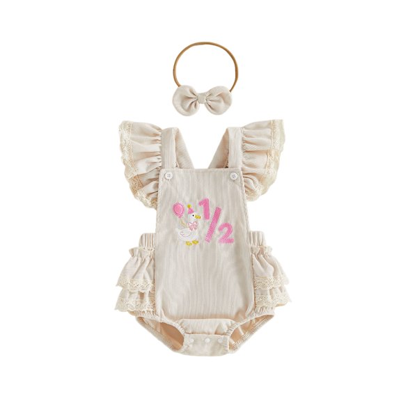 Cjfdfy Newborn Baby Girl Half Birthday Outfit 1/2 Goose Birthday Romper Lace Ruffle Flying Sleeveless Jumpsuit With Headband Infant Cute Half Way To One Birthday Outfit