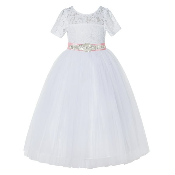 Ekidsbridal White Floral Lace Tulle Flower Girl Dresses Wedding Reception Mini Bridal Gown for Toddlers LG2R7 12