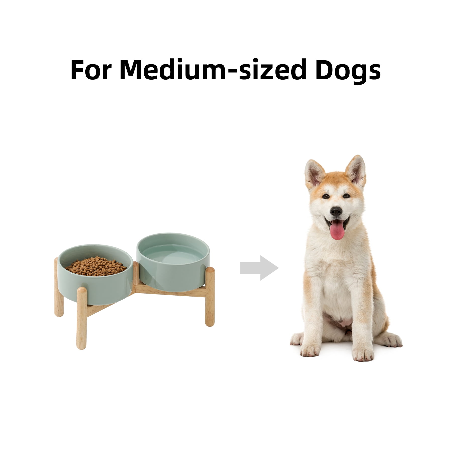 LarqeeWare Ceramic 6.1inch Raised Dog Bowl with Stand for Small and Medium Breed Dog Dish Pet Food and Water Bowl (Double Bowl with Stand - Light Green, 28oz)