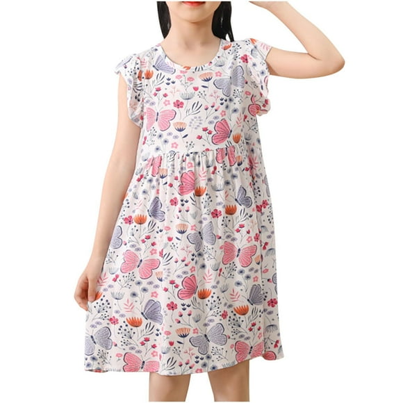Odeerbi Niñas Verano Floral Vestidos Ruffle Sleeve Algodón Vestido Niños Impresión Gráfica Sin Mangas Vestido