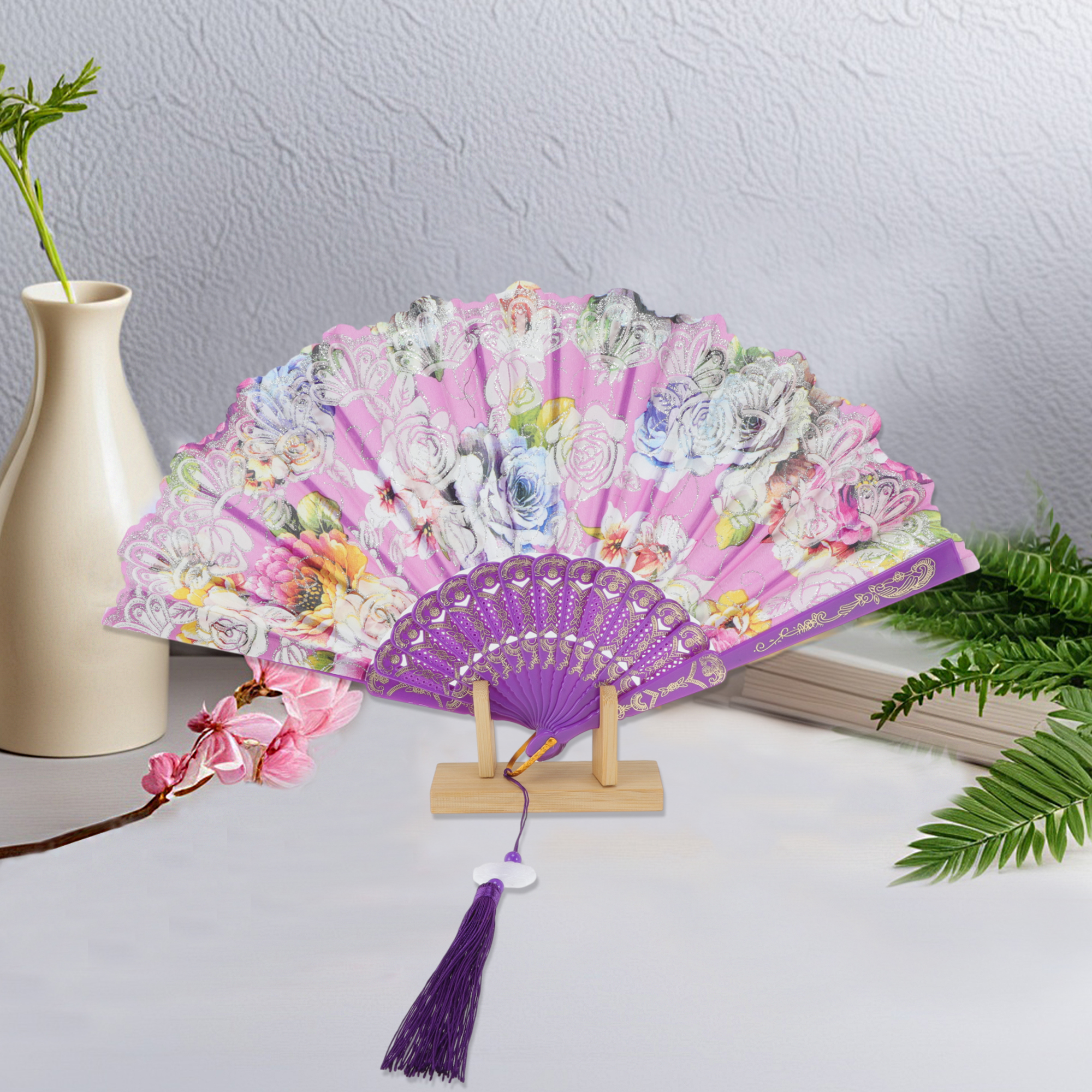 Unique Bargains Rose Print With Tassel Folding Fan 1 Pc For Summer Decorations Purple