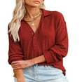 thumbnail image 1 of PENGXIANG Women Solid Color Button Up V Neck Long Sleeves Blouses Tops Relaxed Fit Henley Shirts, 1 of 5