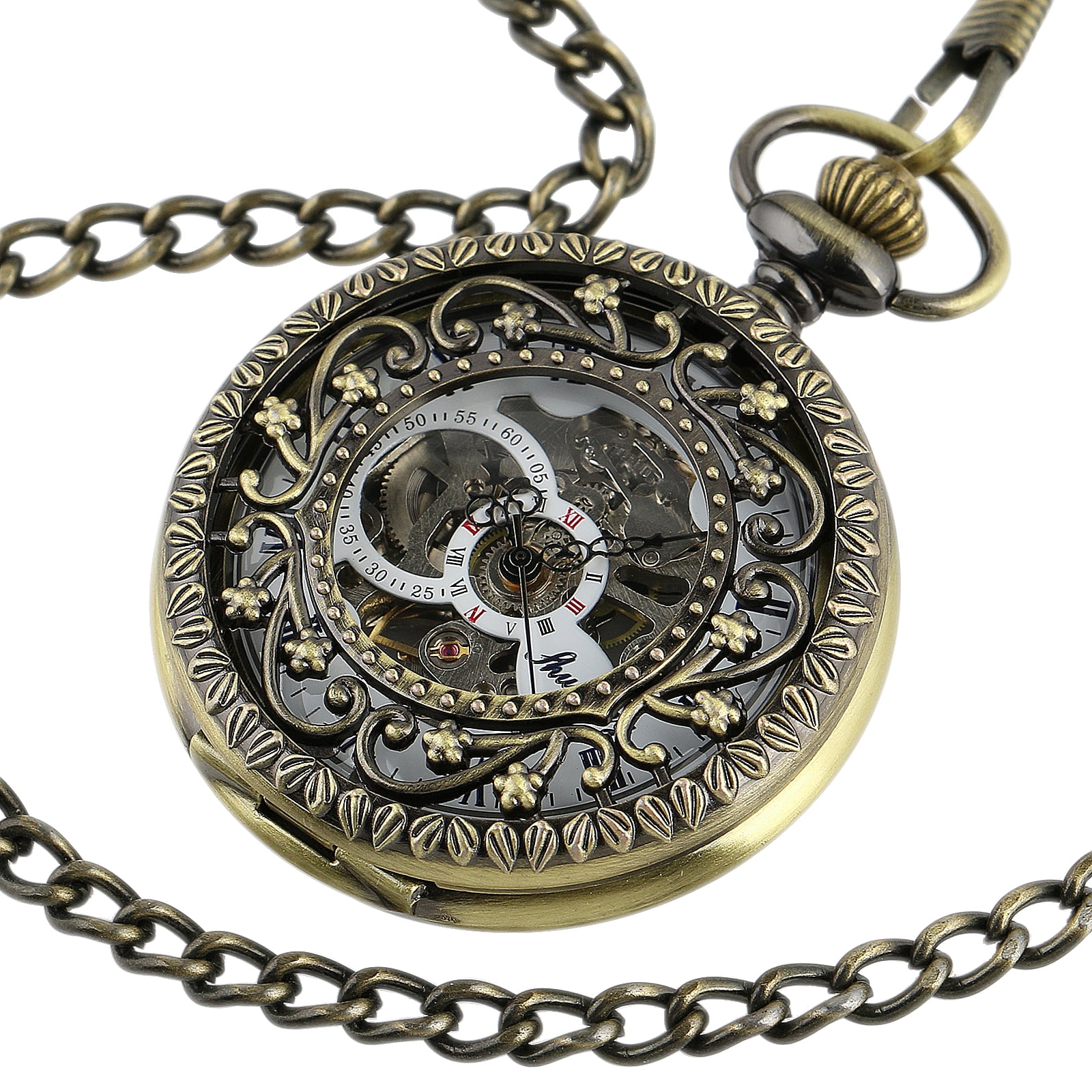 Handwinding Mechancial Pocket Watch Half Hunter White Dial Bronze Case