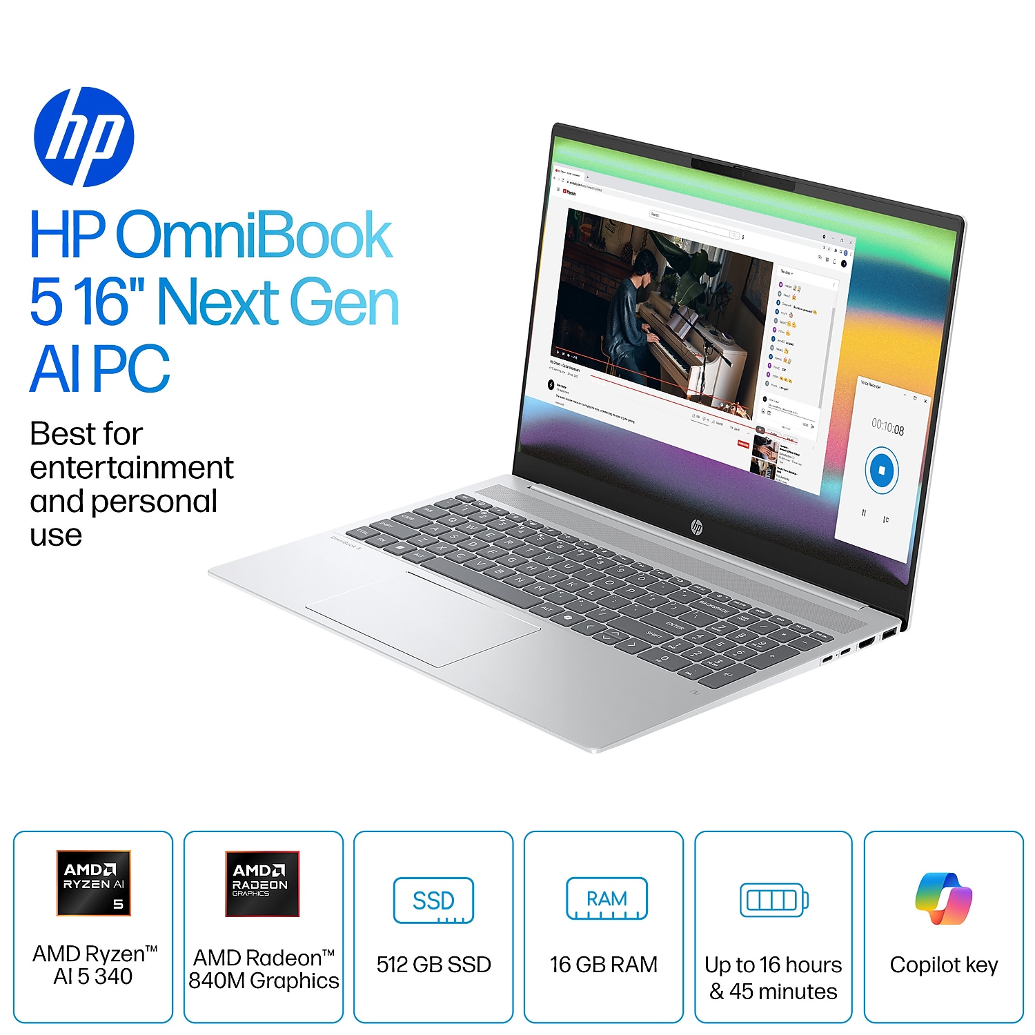 HP OmniBook 5 16" 2K Laptop Copilot+ PC AMD Ryzen AI 5 340 16GB RAM 512GB SSD +16.75 Hour Battery