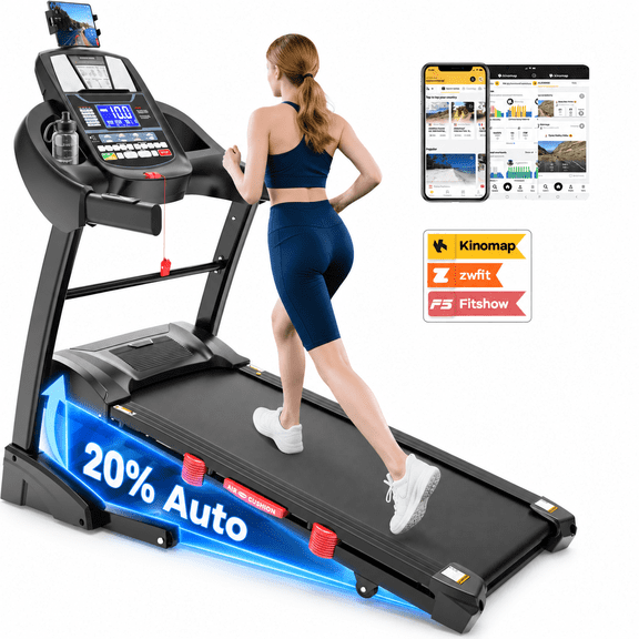 Treadmills for Home, 4.95HP Quiet Brushless Folding Treadmill with Auto Incline, Dual Cushion System,Treadmill 300lb Capacity w/Holder for Cup & Phone, 64 3 3 1 Programs, Knee Gift