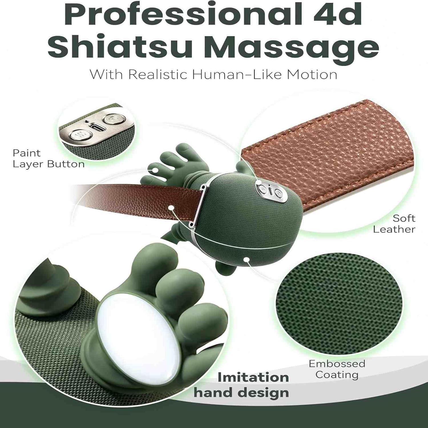 Neck Massager with Heat, 4D Deep Tissue Shiatsu for Pain , Electric Cervical Shoulder Back Muscle Relaxation (Green)