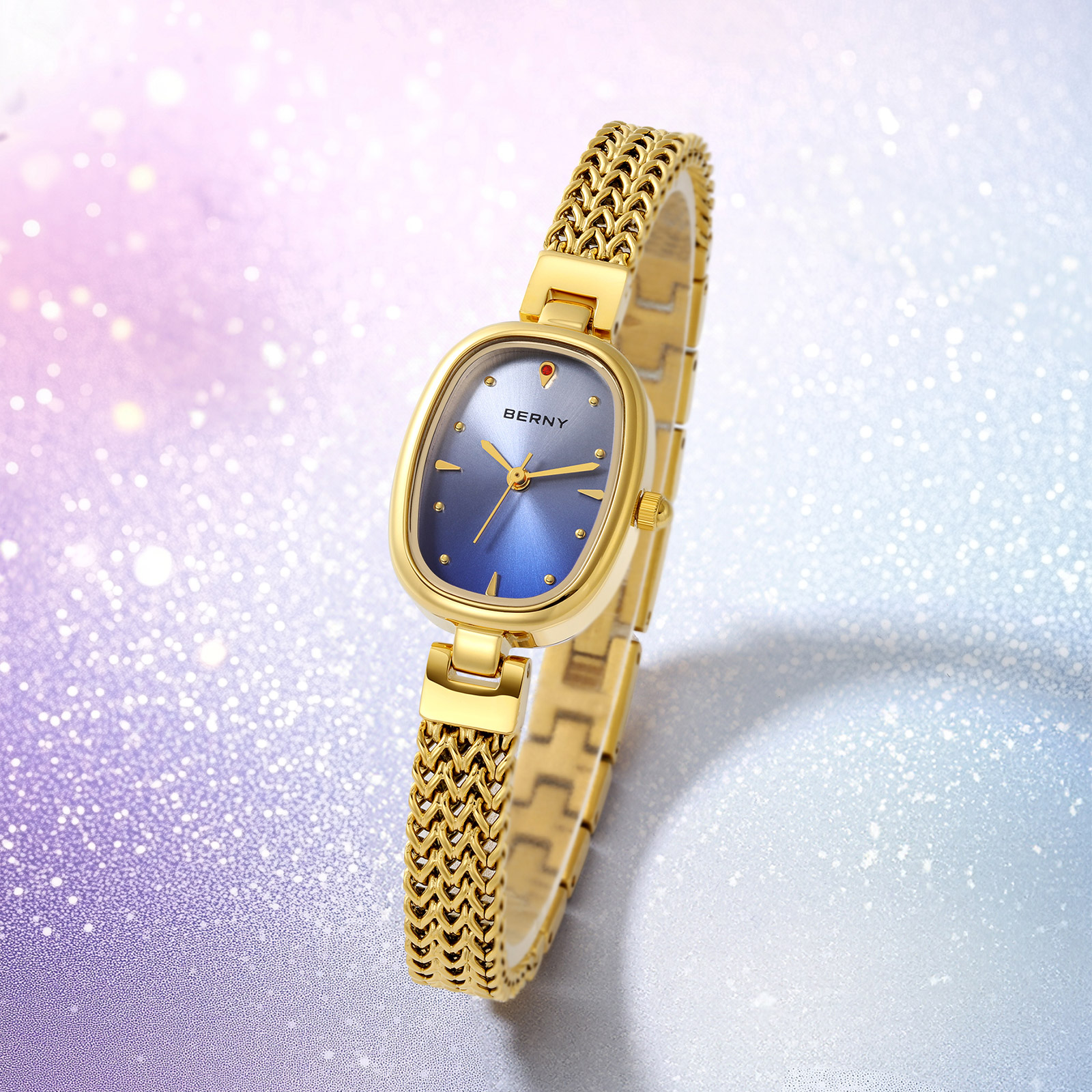 BERNY Small Gold Watches for Women, Dainty Oval Analog Quartz Bracelet Watch, Stainless Steel, Waterproof, Minimalist Luxury Ladies Watches Gifts (Blue)