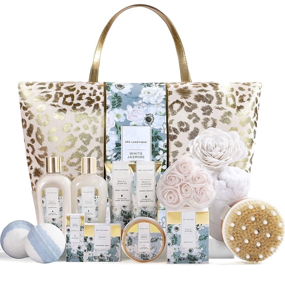 Spa Luxetique Gift Baskets for Women, 15 Pcs Jasmine Bath and Body Self Care Gift Sets, Relaxing Birthday Gifts for Her, Mom, Sister, Wife