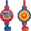Club Pack of 48 Red and Blue Flaming Fire Truck Printed Party Blowout with Medallion 5.25"