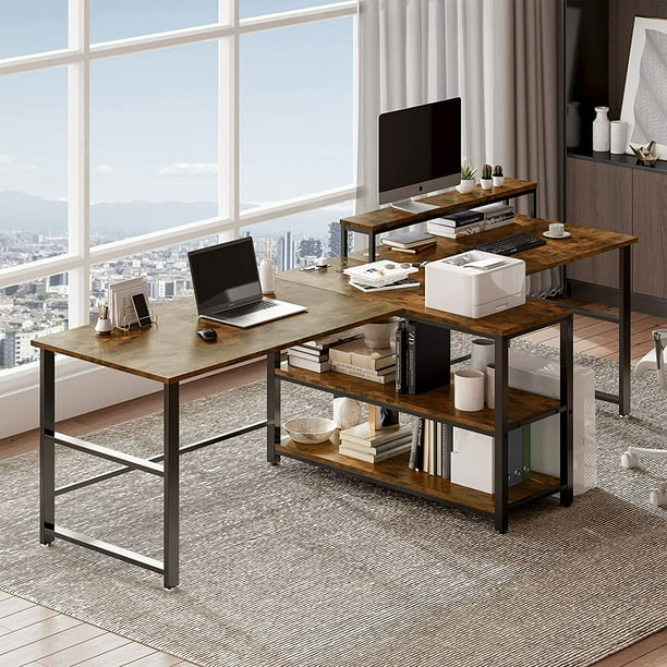 Two Person Desk 94 5 Double Computer Table With Monitor Stand Usb Power Strip Storage Shelves Com Two Person Desk 94 5 Double Computer, Standing Desk Storage Accessories Interior Design