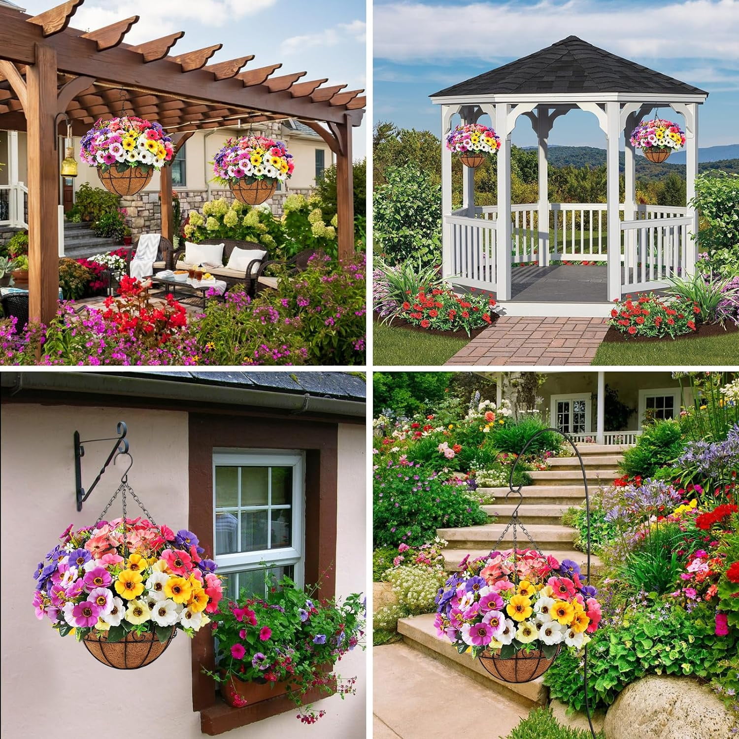 Artificial Fake Hanging Plants Flowers with Basket Outdoor Decor Faux Silk Dasiy Flower Arrangements in Pot Planter for Porch Home Indoor Patio Garden Yard Decoration