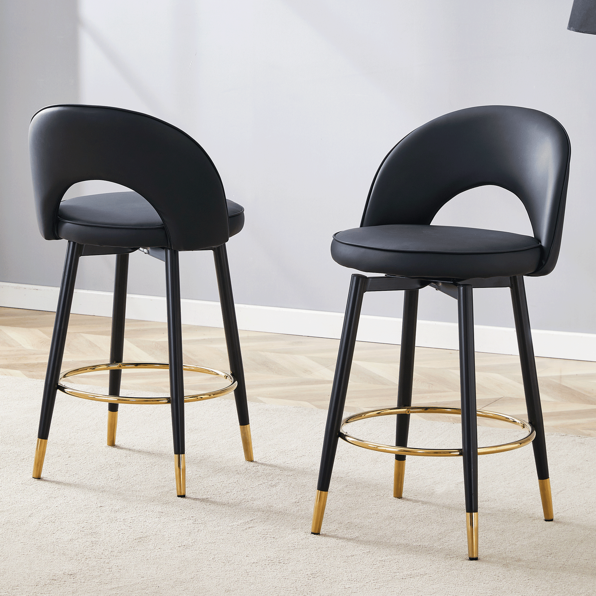 Noble House 360° Rotatable PU Bar Stool Set of 2,Comfortable Cushioned Seat,Black