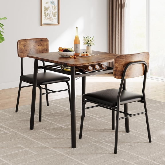 3 Piece Dining Table Set for 2, Kitchen Table with 2 Padded Chairs and Storage Shelf, Metal and Wood Frame, Space-Saving for Small Apartments and Dining Rooms,Brown