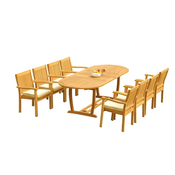 Grade-A Teak Dining Set: 8 Seater 9 Pc: 94" Mas Oval Trestle Leg Table And 8 Leveb Stacking Arm Chairs Outdoor Patio WholesaleTeak #51LV2309